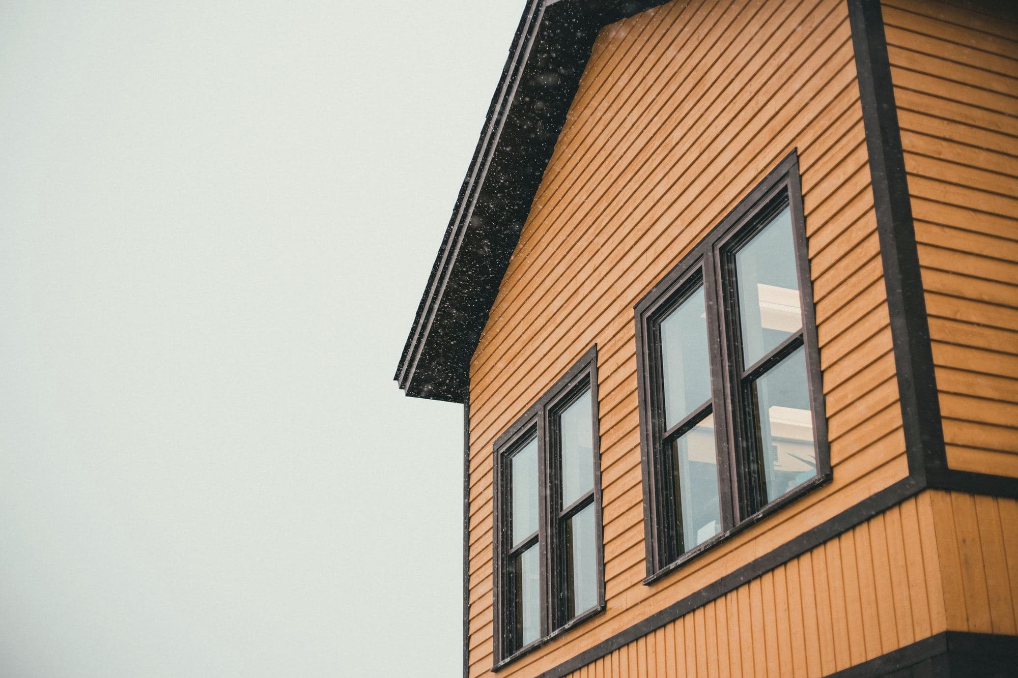 Black-framed windows set into natural cedar lap siding under an overcast sky